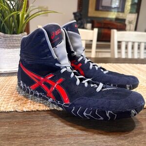 Asics Aggressor 5 Wrestling Shoes Navy Blue Red Mens Size 9.5 Sneakers 1081A048